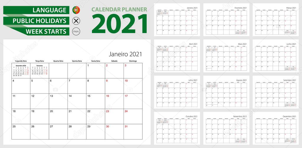 Portuguese Calendar Planner For 2021 Portuguese Language Week Starts From Monday Vector Calendar Template For Brazil Portugal Angola Mozambique And Other Premium Vector In Adobe Illustrator Ai Ai Format angola 2021 calendar