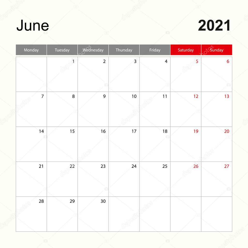 Wall Calendar Template For June 2021 Holiday And Event Planner Week Starts On Monday Vector Template Premium Vector In Adobe Illustrator Ai Ai Format Encapsulated Postscript Eps Eps Format week starts on monday june 2021 calendar