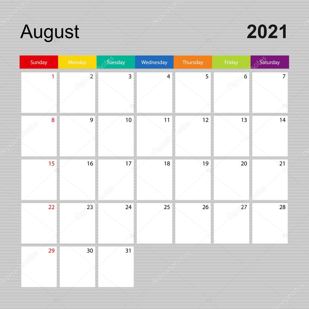 Calendar Page For August 2021 Wall Planner With Colorful Design Week Starts On Sunday Vector Calendar Template Premium Vector In Adobe Illustrator Ai Ai Format Encapsulated Postscript Eps Eps Format calendar august 2021 colorful