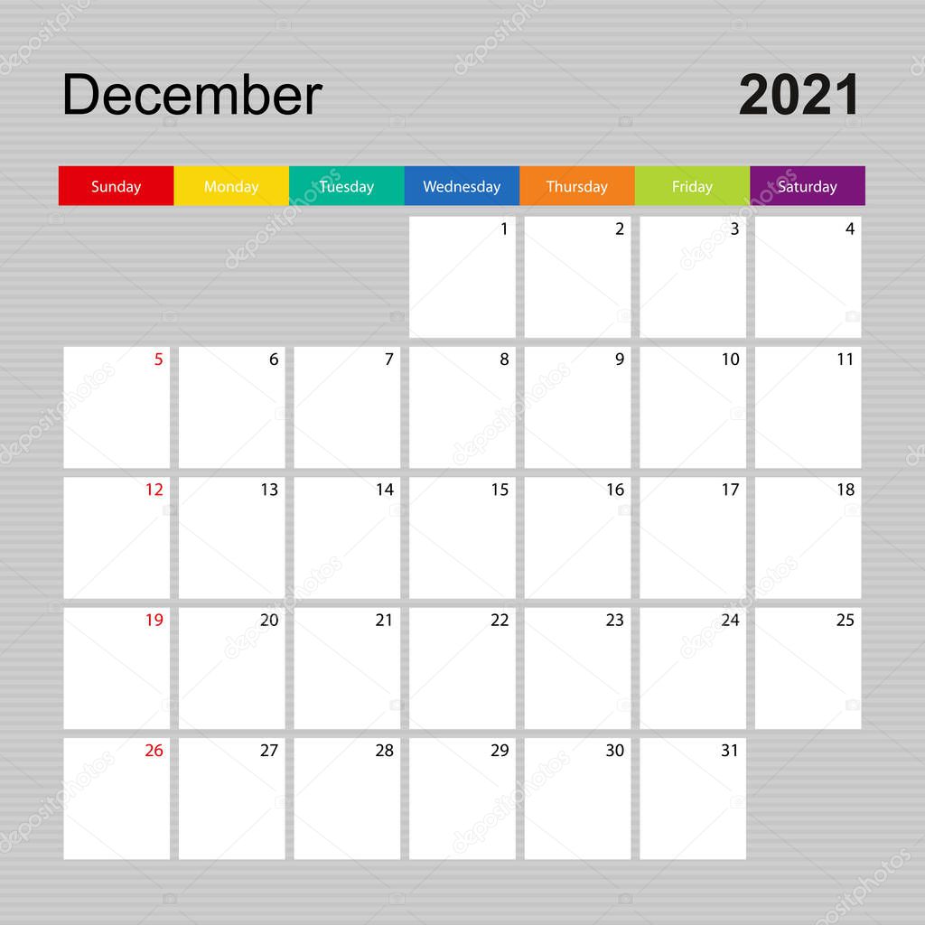 Calendar page for December 2021, wall planner with colorful design. Week starts on Sunday. Vector calendar template.