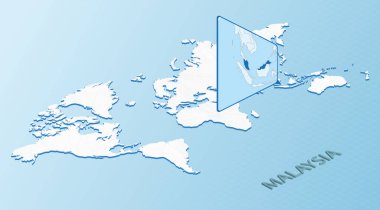 Malezya 'nın detaylı haritasıyla izometrik tarzda Dünya Haritası. Soyut Dünya Haritası ile açık mavi Malezya haritası.