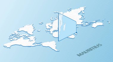 Mauritius 'un detaylı haritasıyla izometrik tarzda Dünya Haritası. Soyut Dünya Haritası ile açık mavi Mauritius haritası.