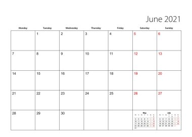 Haziran 2021 basit takvim planlayıcısı, hafta Pazartesi başlıyor. Vektör takvim planlayıcı.
