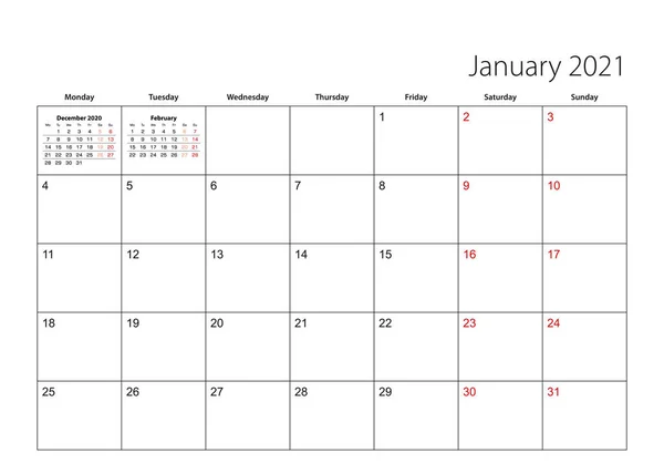 January 2021 Simple Calendar Planner Week Starts Monday Vector Calendar — Stock Vector
