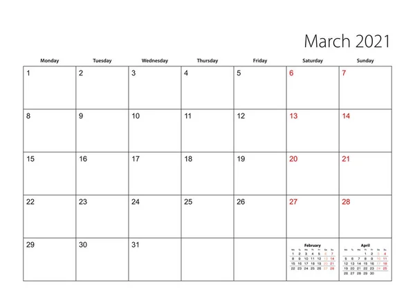 Marzo 2021 Planificador Calendario Simple Semana Comienza Partir Del Lunes — Vector de stock