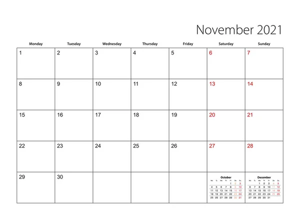 Νοέμβριος 2021 Απλός Προγραμματιστής Ημερολογίου Εβδομάδα Ξεκινά Από Δευτέρα Προγραμματιστής — Διανυσματικό Αρχείο