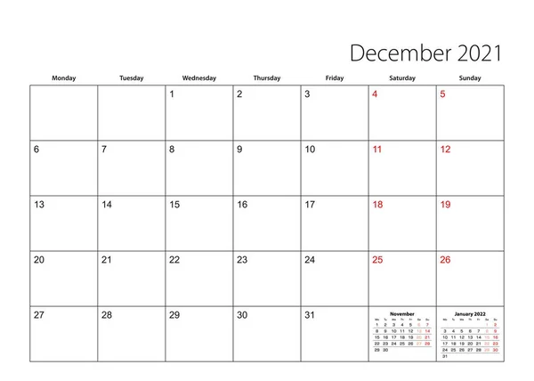 Diciembre 2021 Planificador Calendario Simple Semana Comienza Partir Del Lunes — Vector de stock