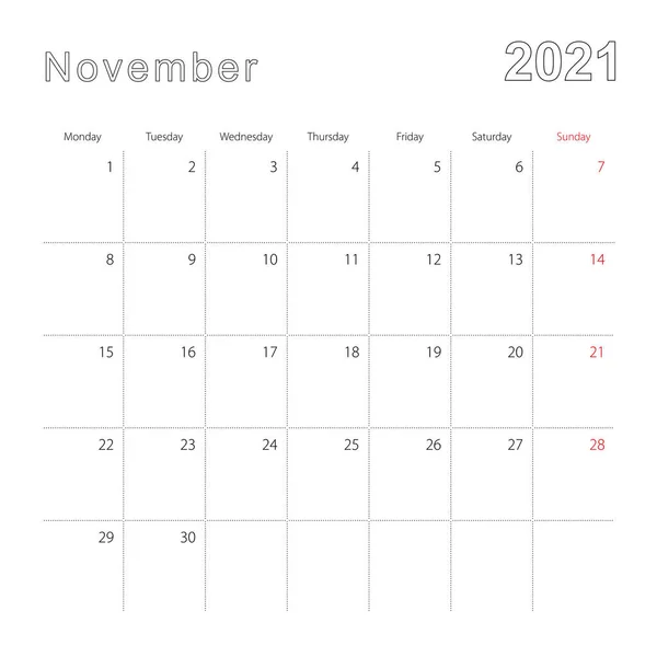 点線で2021年11月のシンプルな壁のカレンダー カレンダーは英語で 週は月曜日から始まります ベクトルテンプレート — ストックベクタ