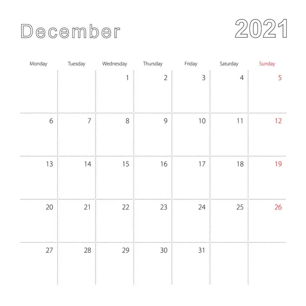 Simple Wall Calendar December 2021 Dotted Lines Calendar English Week — Stock Vector