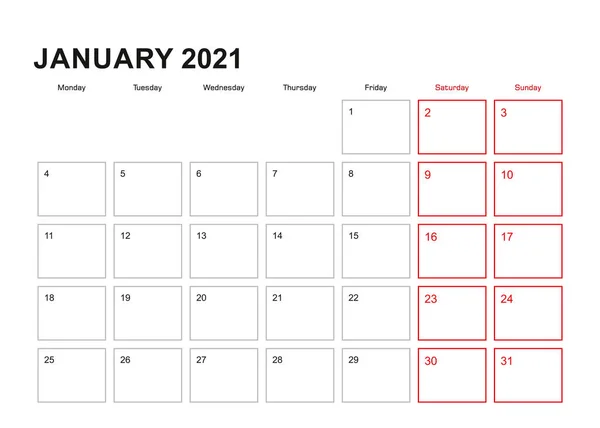Wandplanner Voor Januari 2021 Het Engels Week Begint Maandag Vectorkalender — Stockvector