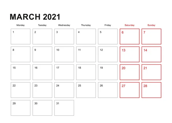 Wandplanner Voor Maart 2021 Het Engels Week Begint Maandag Vectorkalender — Stockvector