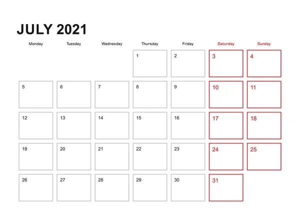 2021 영어로 플래너를 월요일에 2021 — 스톡 벡터