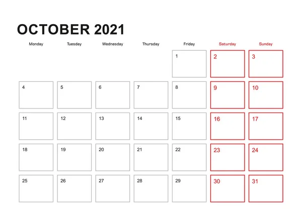 Wall Planner October 2021 English Language Εβδομάδα Ξεκινά Δευτέρα Ημερολόγιο — Διανυσματικό Αρχείο