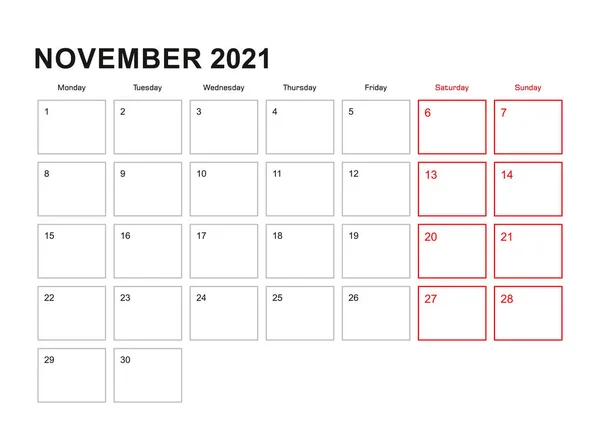 2021年11月のウォールプランナーは 英語で 週は月曜日から始まります ベクトルカレンダー2021 — ストックベクタ