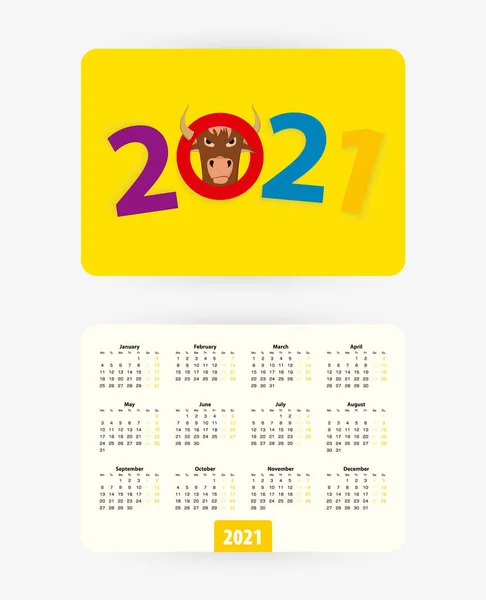 stock vector 2021 pocket calendar with colorful numbers of year 2021, week starts on monday.