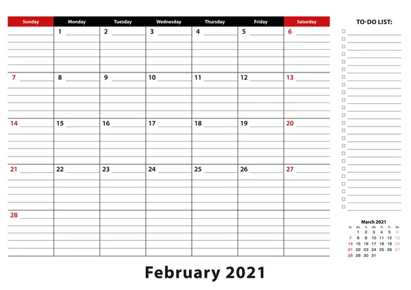 Febrero 2021 Mensual Desk Pad Calendario Semana Comienza Partir Del — Vector de stock