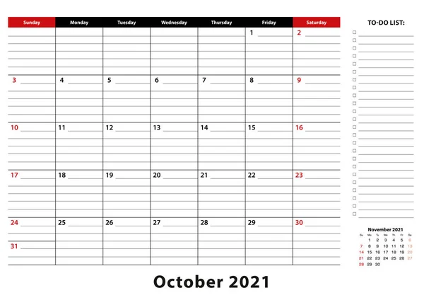 Octubre 2021 Mensual Desk Pad Calendario Semana Comienza Partir Del — Vector de stock