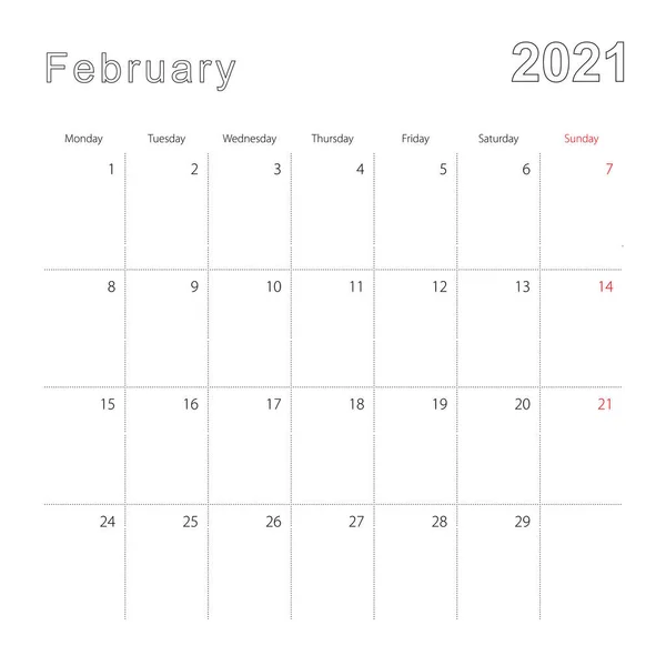 Calendário Parede Simples Para Fevereiro 2021 Com Linhas Pontilhadas Calendário — Vetor de Stock