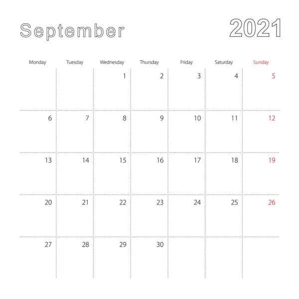 Calendario Pared Simple Para Septiembre 2021 Con Líneas Puntos Calendario — Vector de stock