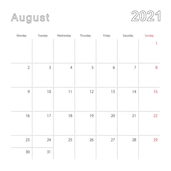 Calendario Pared Simple Para Agosto 2021 Con Líneas Puntos Calendario — Archivo Imágenes Vectoriales