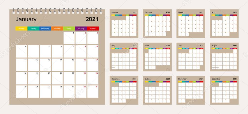 Calendar 2021 colorful design, set of 12 vector wall planner calendar pages on beige background. Week starts on Monday. Vector calendar template.