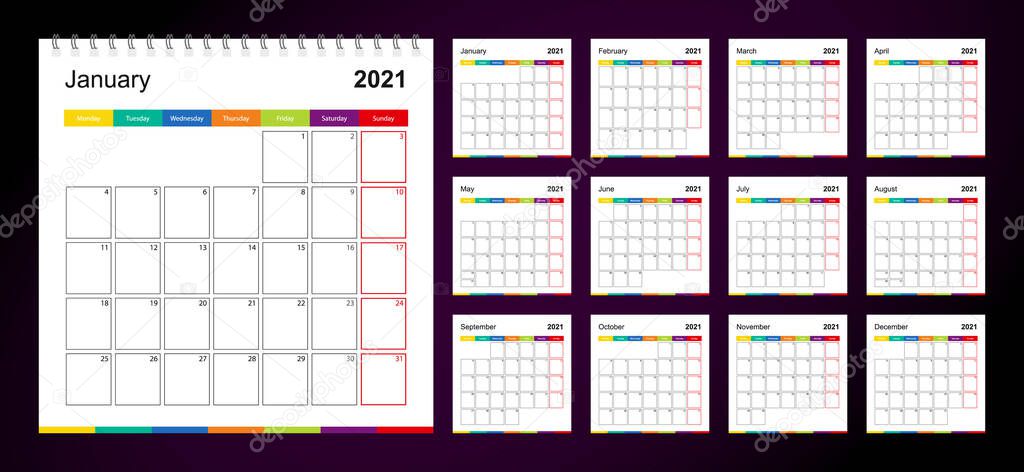 Colorful wall calendar for 2021 on dark background, week starts on Monday. 2021 Calendar template size 12x12 inches.