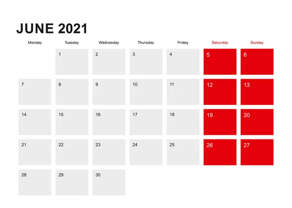 2021 Haziran Takvim Tasarımı Hafta Pazartesiden Itibaren Başlıyor Vektör Illüstrasyonu — Stok Vektör