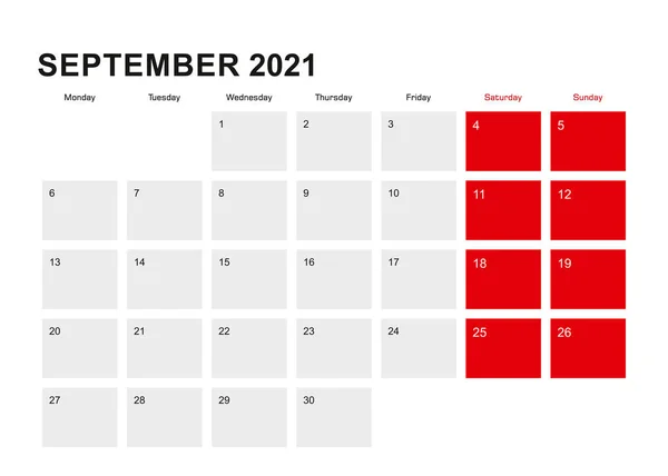 2021 Septiembre Planificador Calendario Diseño Semana Comienza Lunes Ilustración Vectorial — Vector de stock