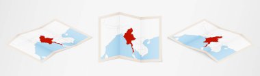 Myanmar 'ın katlanmış haritası üç farklı versiyonda.