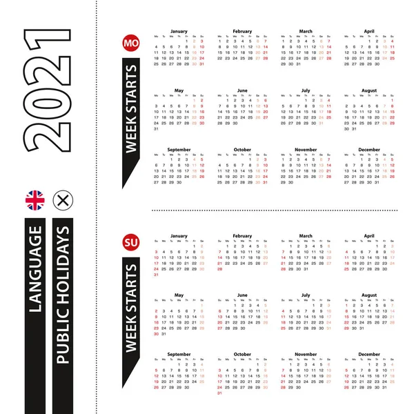 2021年カレンダーの2つのバージョンは 英語では 週は月曜日と週の日曜日から始まります ベクトルテンプレート — ストックベクタ