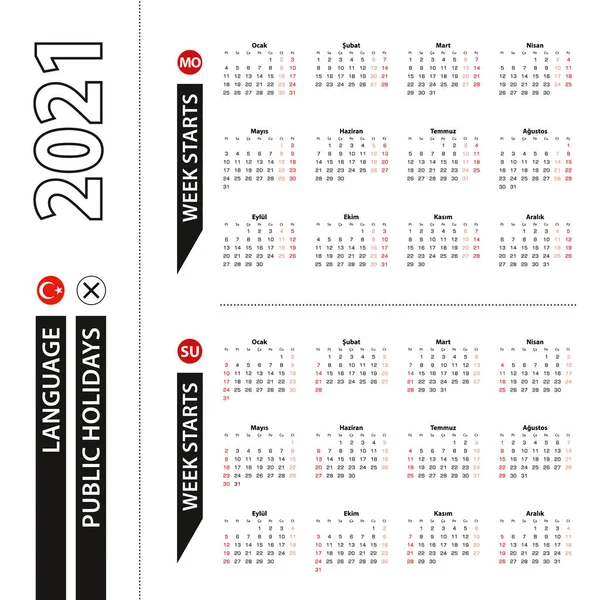 トルコ語で2021年のカレンダーの2つのバージョン 週は月曜日と週から日曜日から始まります ベクトルテンプレート — ストックベクタ