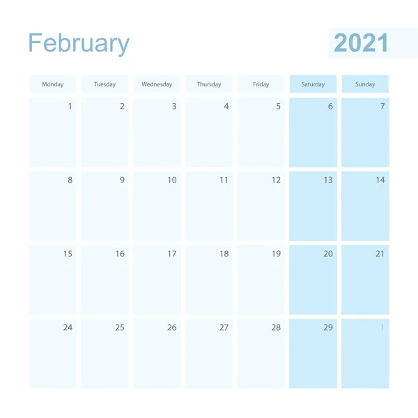 2021 Februari Wandplanner Blauwe Pastelkleur Week Start Maandag Kalender Voor — Stockvector