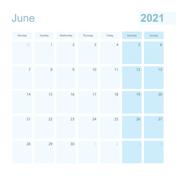 2021 파란색 파스텔 플래너가 월요일에 2021 달력과 파란색 네모난 전날과 — 스톡 벡터