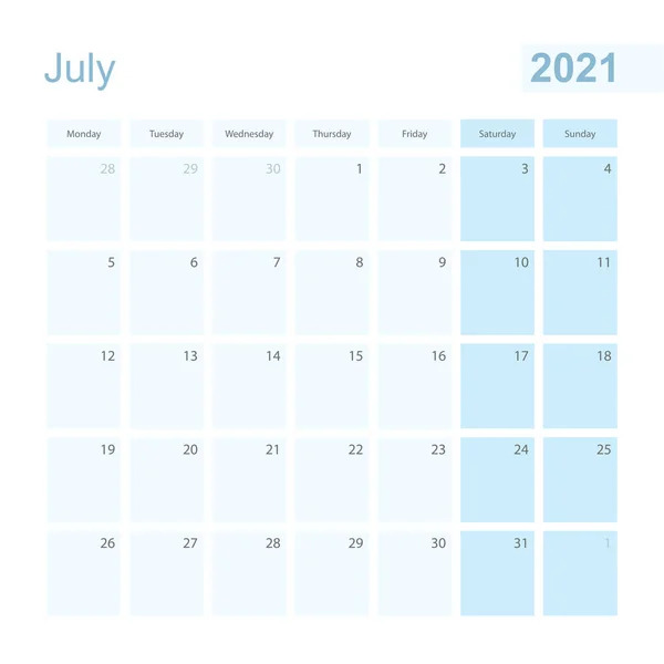 2021 파란색 파스텔 플래너가 월요일에 2021 달력과 파란색 네모난 전날과 — 스톡 벡터