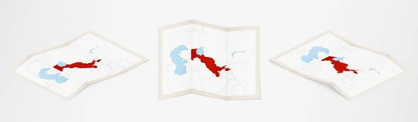 Mapa Dobrado Uzbequistão Três Versões Diferentes — Vetor de Stock