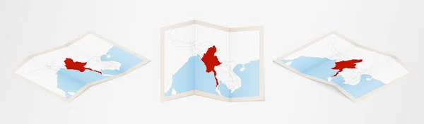 Pieghevole Mappa Del Myanmar Tre Diverse Versioni — Vettoriale Stock