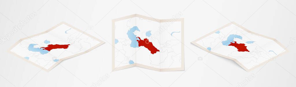 Folded map of Turkmenistan in three different versions.