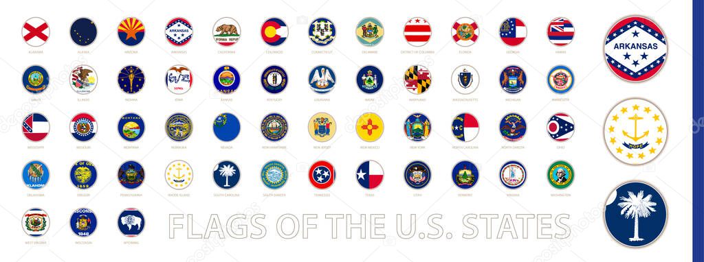 Round Circle Flag of the US States Sorted Alphabetically. Big Vector Set of Round Flag.