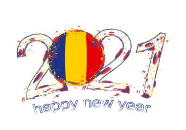 Romanya bayrağıyla mutlu bir 2021 yılı. Holiday grunge vektör çizimi.