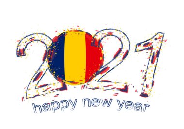 Chad 'in bayrağıyla mutlu bir 2021 yılı. Holiday grunge vektör çizimi.