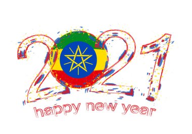 Etiyopya bayrağıyla mutlu bir 2021 yılı. Holiday grunge vektör çizimi.