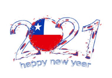 Şili bayrağıyla mutlu bir 2021 yılı. Holiday grunge vektör çizimi.