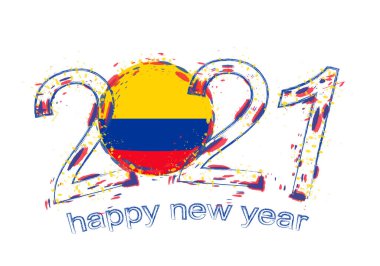 Kolombiya bayrağıyla mutlu bir 2021 yılı. Holiday grunge vektör çizimi.