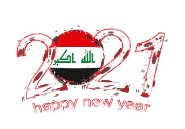 Irak bayrağıyla 2021 yılınız kutlu olsun. Holiday grunge vektör çizimi.