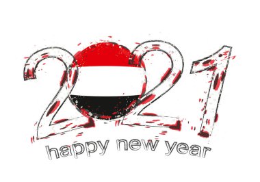 Yemen bayrağıyla mutlu bir 2021 yılı. Holiday grunge vektör çizimi.