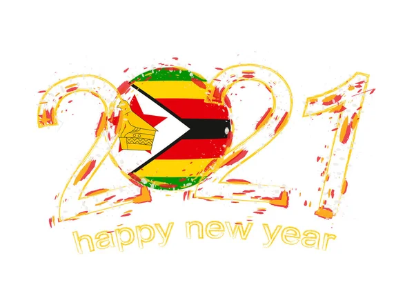 Felice Anno Nuovo 2021 Con Bandiera Zimbabwe Illustrazione Vettoriale Grunge — Vettoriale Stock