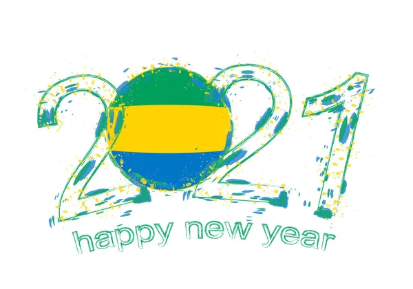 ガボンの旗で2021年の新年をお祝いします ホリデーグランジベクトルイラスト — ストックベクタ
