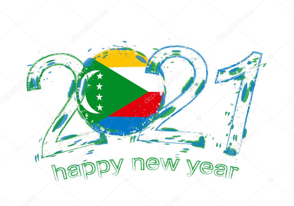 Happy New 2021 Year with flag of Comoros. Holiday grunge vector illustration.