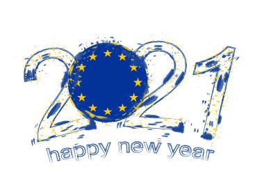 Avrupa Birliği bayrağıyla mutlu bir 2021 yılı. Holiday grunge vektör çizimi.