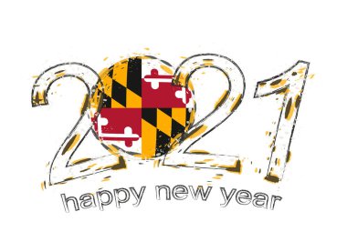 Maryland bayrağıyla mutlu bir 2021 yılı. Holiday grunge vektör çizimi.